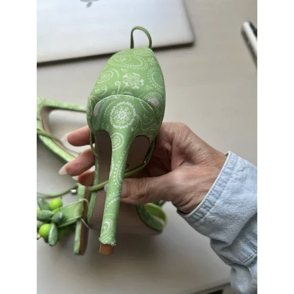 Schutz Sandals High Heel 4.5" Green Jeweled Front Ankle Wrap Size 5B - Picture 4 of 7